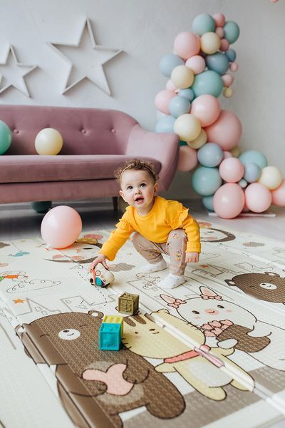 Дитячий двосторонній розвиваючий  складний термокилимок для повзання POPPET "Сплячі малюки та Чарівне місто", 150х180x1 см PP011-150 фото