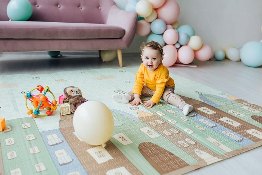 Дитячий двосторонній розвиваючий  складний термокилимок для повзання POPPET "Сплячі малюки та Чарівне місто", 200х180x1 см PP011-200 фото