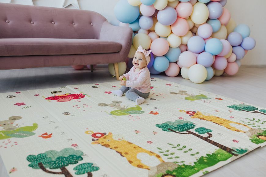 Дитячий двосторонній розвиваючий  складний термокилимок для повзання POPPET "Транспорт та Зоольотчики", 150х180x1 см PP005-150 фото