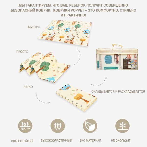 Дитячий двосторонній розвиваючий складний термокилимок для повзання POPPET "Транспорт та Зоольотчики", 200х180x1 см см PP005-200 фото